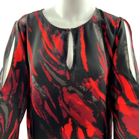 Halston Women M Red Black Abstract Witchy Long Bell Sleeve Fairy Blouse Boho Top - Picture 5 of 10